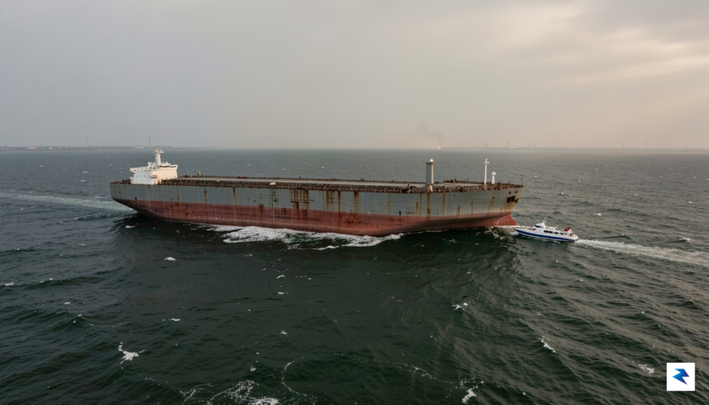 A wide-angle aerial view of a massive oil tanker navigating…