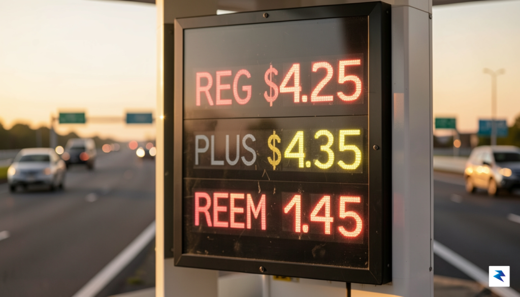 A close-up, high-definition photograph of a gas station price display…