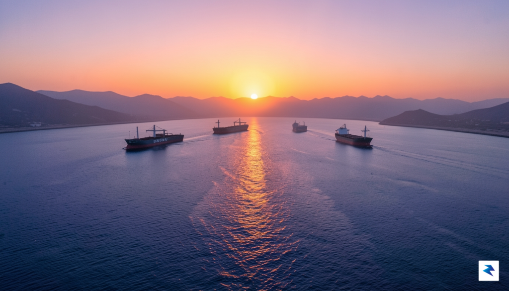 A wide-angle aerial view of the Strait of Hormuz at&hellip;