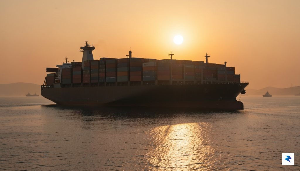 A wide-angle, cinematic shot of a massive container ship silhouetted&hellip;