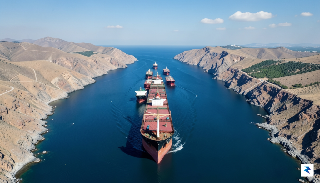 A high-angle satellite view of the Strait of Hormuz showing&hellip;