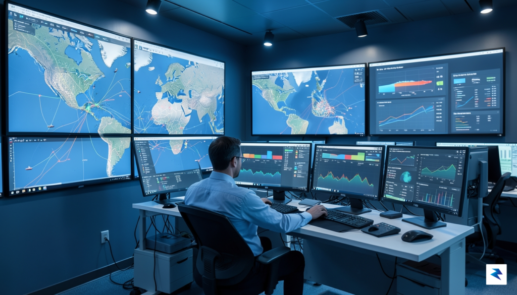 A modern digital logistics control center featuring multiple large screens…