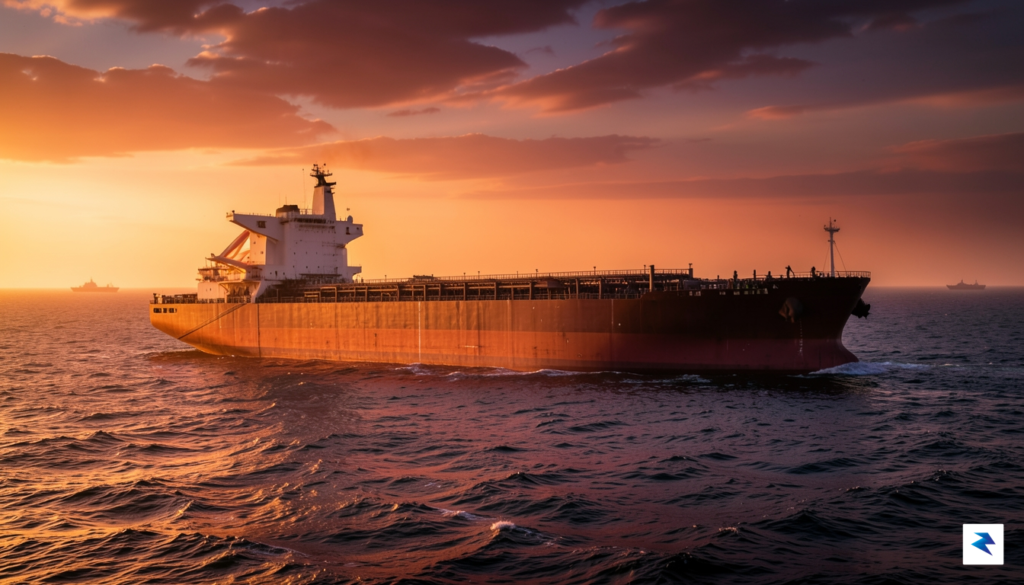 A wide-angle shot of a large oil tanker navigating the…