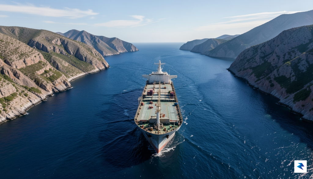 An aerial view of a massive oil tanker navigating the…