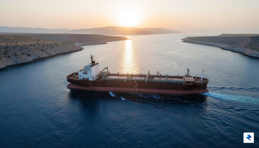 A wide-angle aerial shot of a large oil tanker navigating…