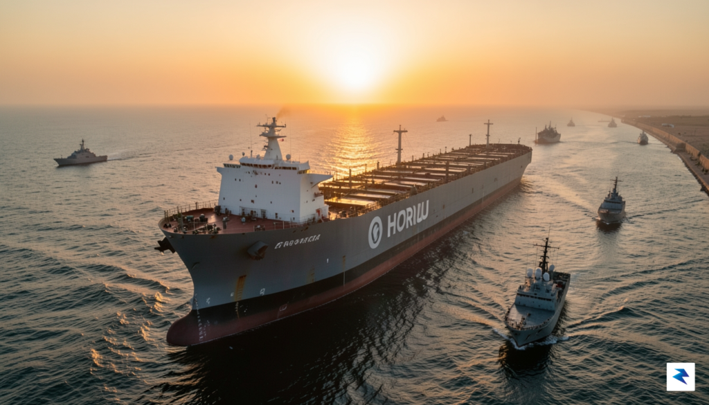 A wide-angle aerial view of a massive oil tanker navigating…