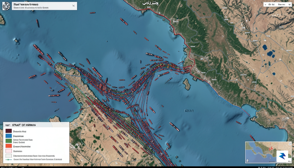 A detailed satellite-style map of the Strait of Hormuz showing…