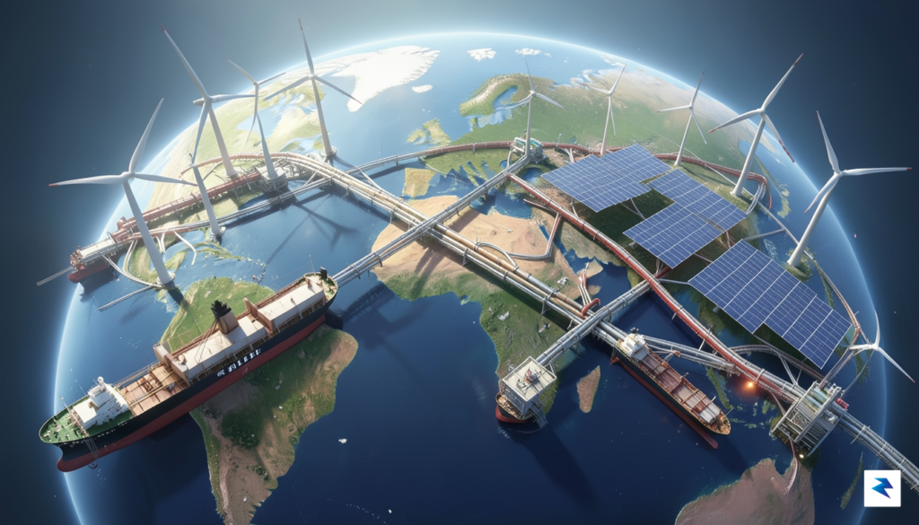 A conceptual digital illustration showing a complex global energy network…