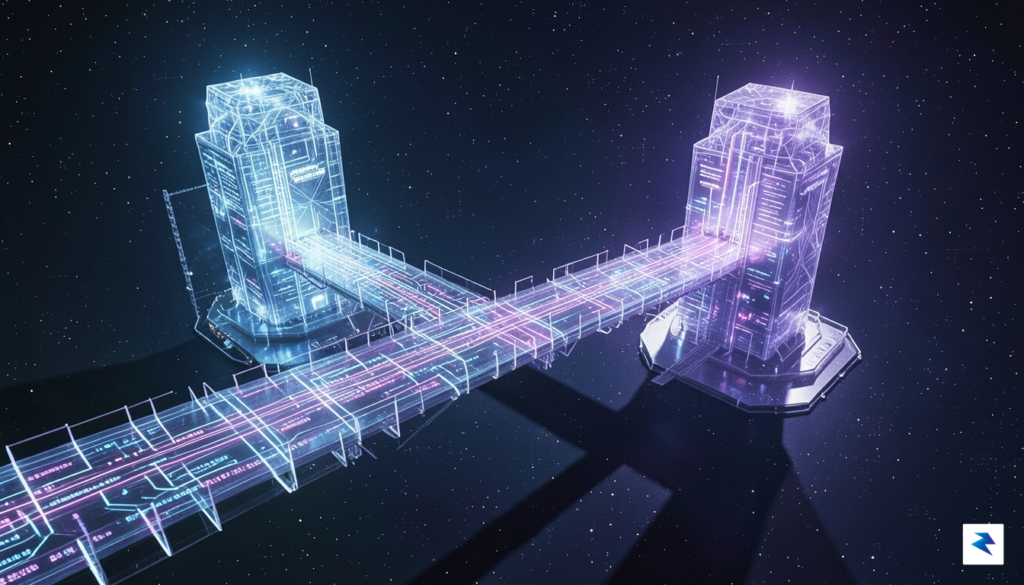 An abstract digital visualization showing a high-tech bridge connecting two…