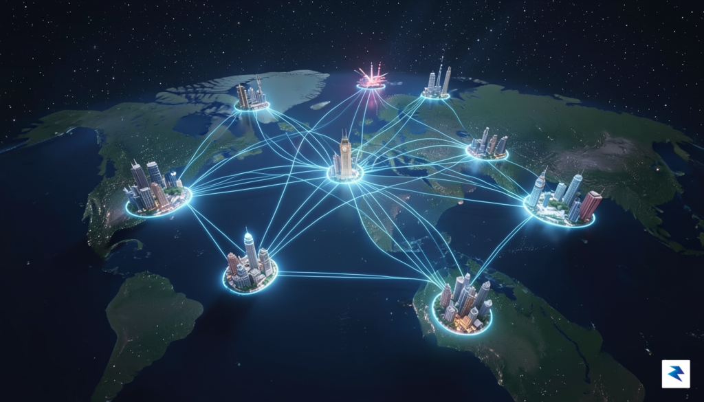 A high-angle digital illustration showing a global network of glowing…