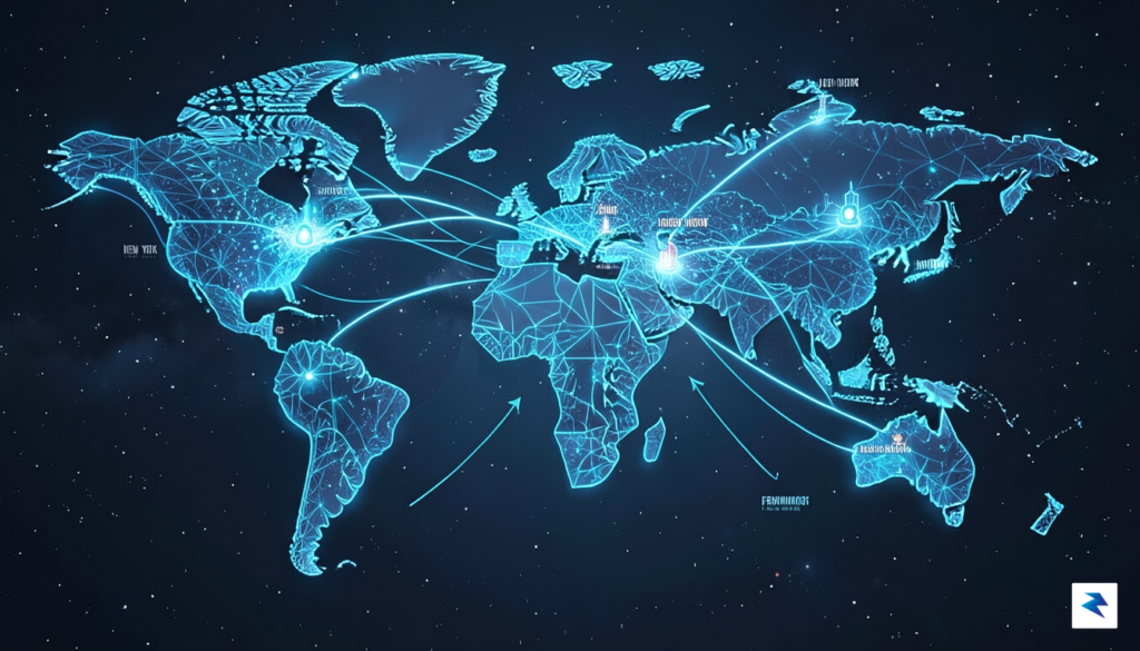 A conceptual illustration showing a digital map of the world…