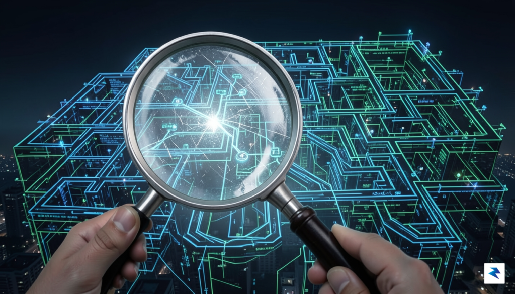 A conceptual illustration showing a complex maze of interconnected digital…