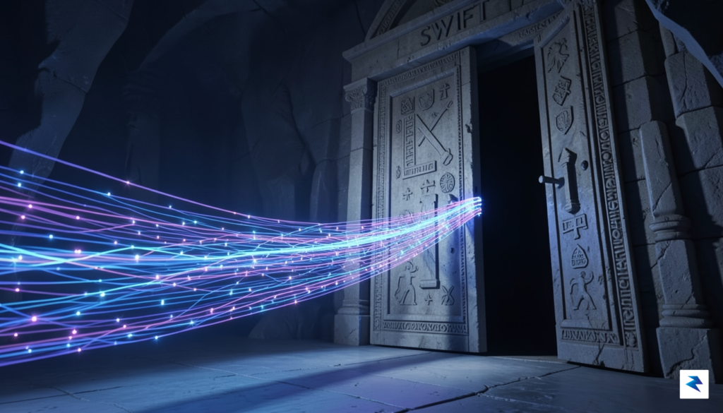 A digital illustration showing a sleek, glowing fiber-optic cable representing…