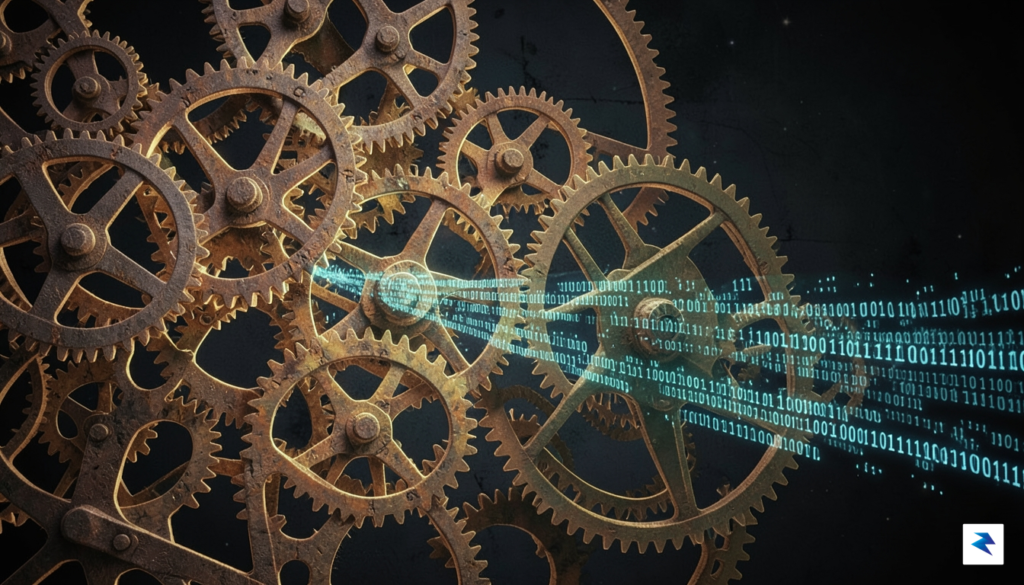An abstract digital illustration showing a complex, glowing web of…