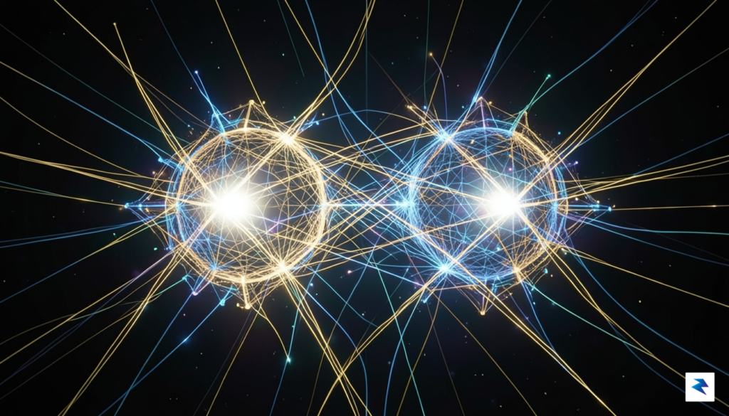 An abstract digital visualization showing two large, glowing network nodes&hellip;