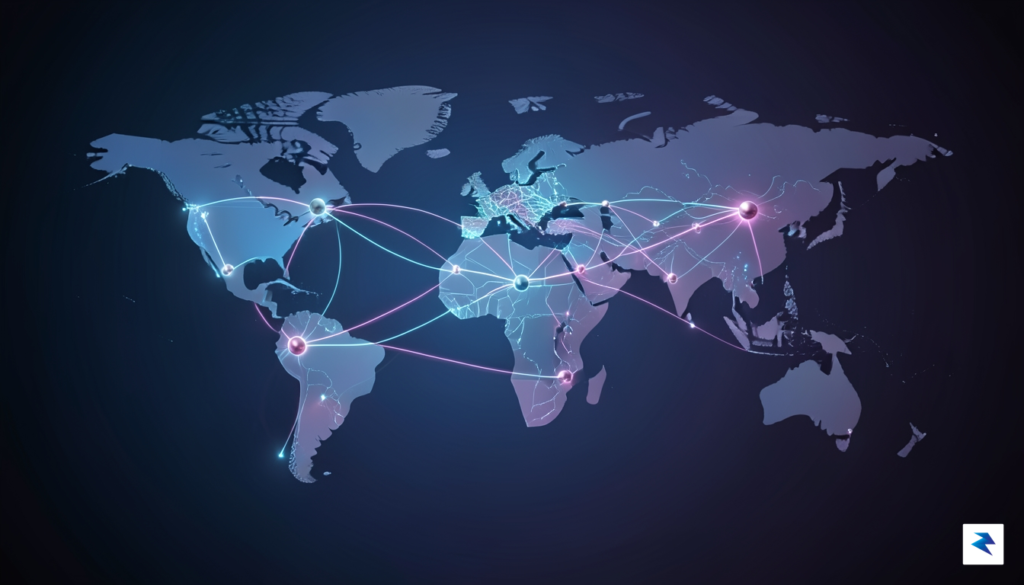 A sleek, modern digital interface showing a global network map&hellip;
