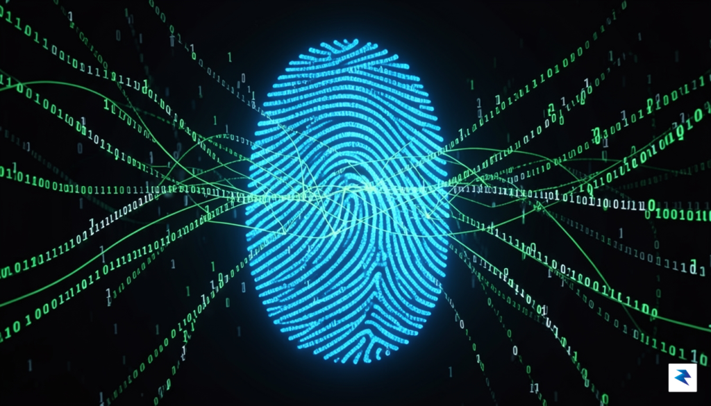 A conceptual digital illustration showing a glowing human fingerprint merging&hellip;