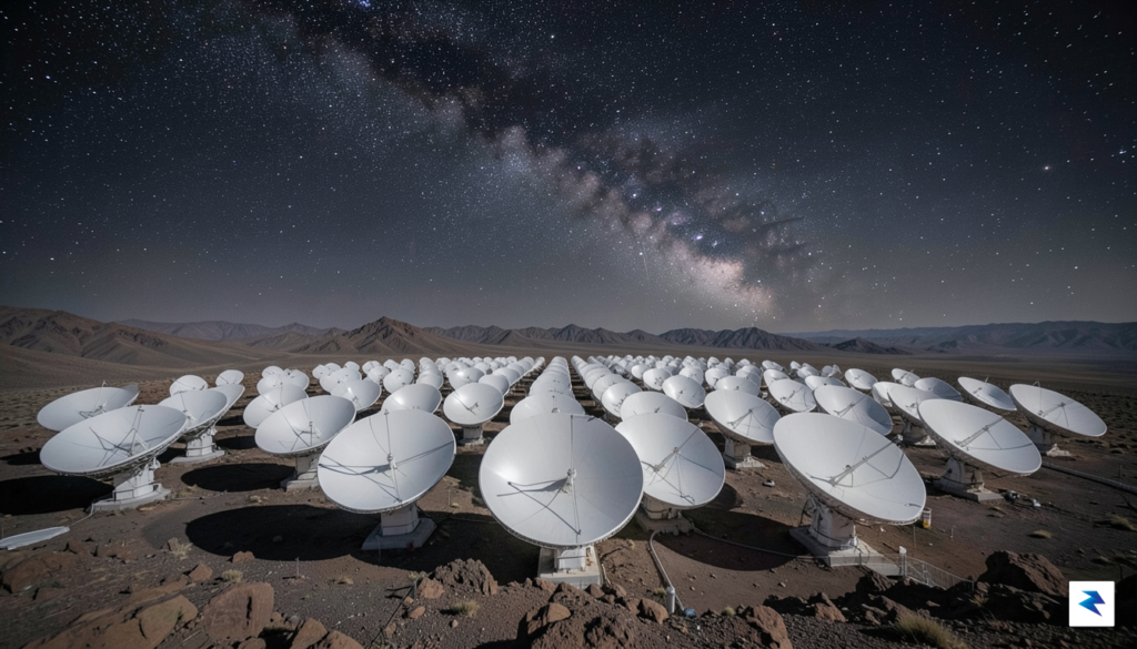 A wide-angle, cinematic view of the ALMA telescope array in&hellip;