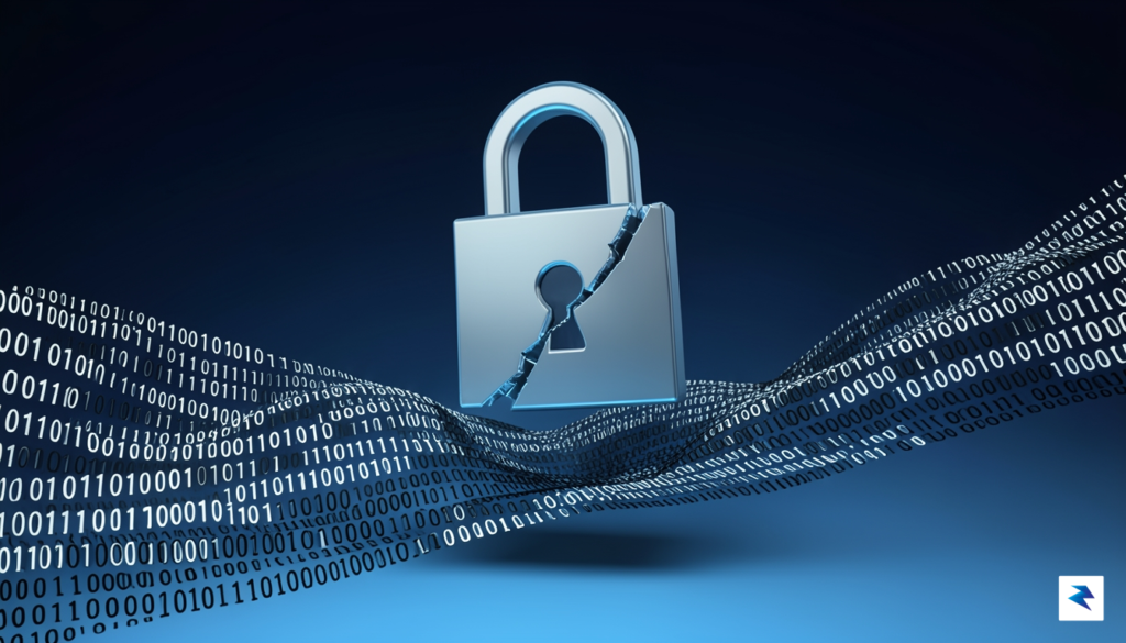 A digital security concept illustration showing a fragmented 3D lock&hellip;