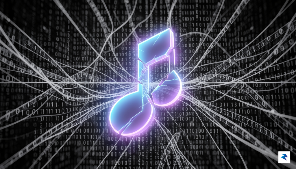 A digital security concept art piece featuring a glowing, fractured&hellip;