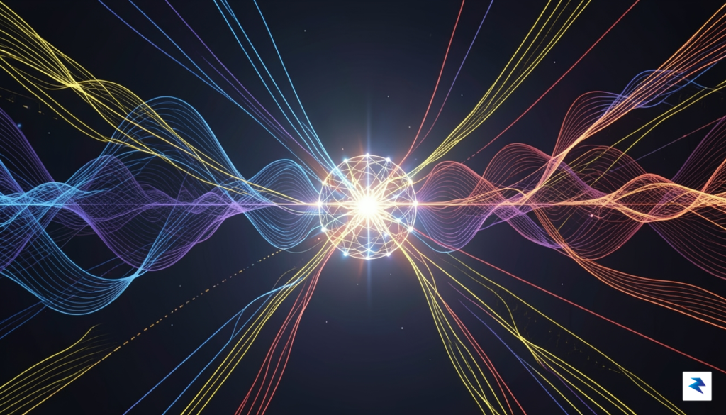 A digital visualization showing thousands of sound wave patterns converging…