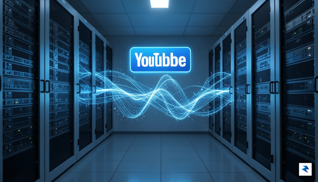 A conceptual digital illustration showing a server room with glowing…