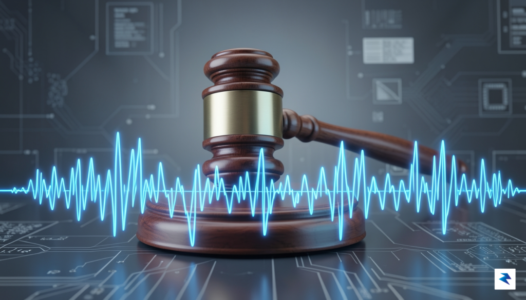 A conceptual digital illustration showing a courtroom gavel resting on…