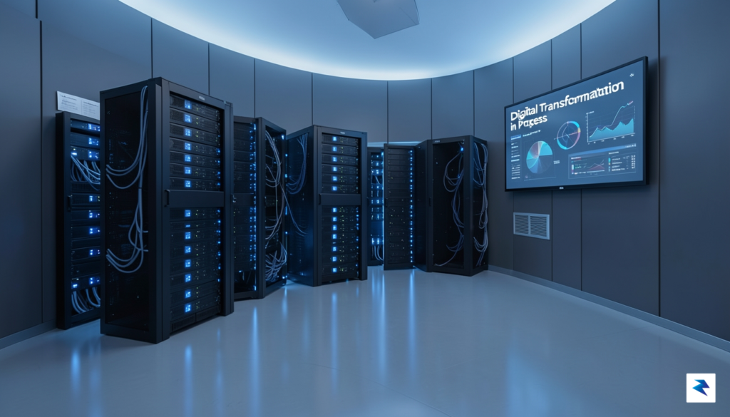 A modern, sleek data center server room with blue ambient&hellip;