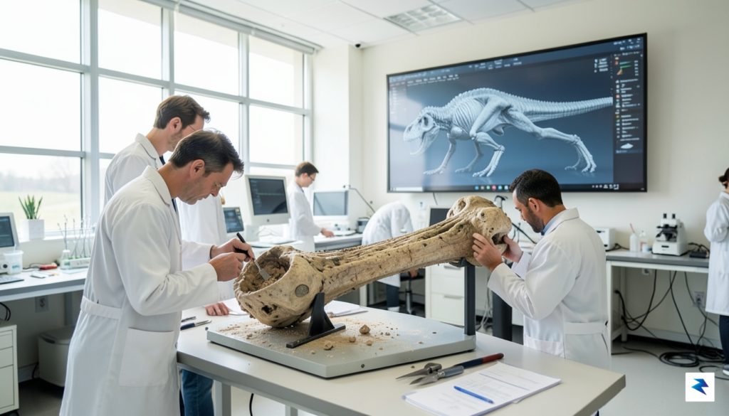 A modern, brightly lit paleontology laboratory where researchers in lab…