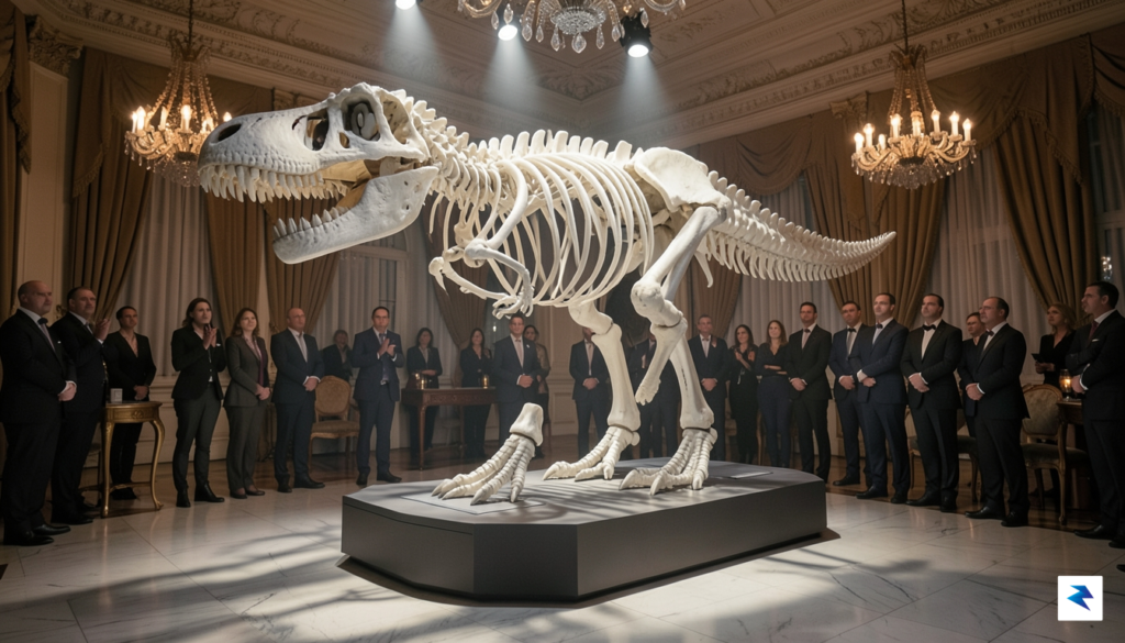 A majestic, fully articulated Tyrannosaurus rex skeleton dramatically lit and…