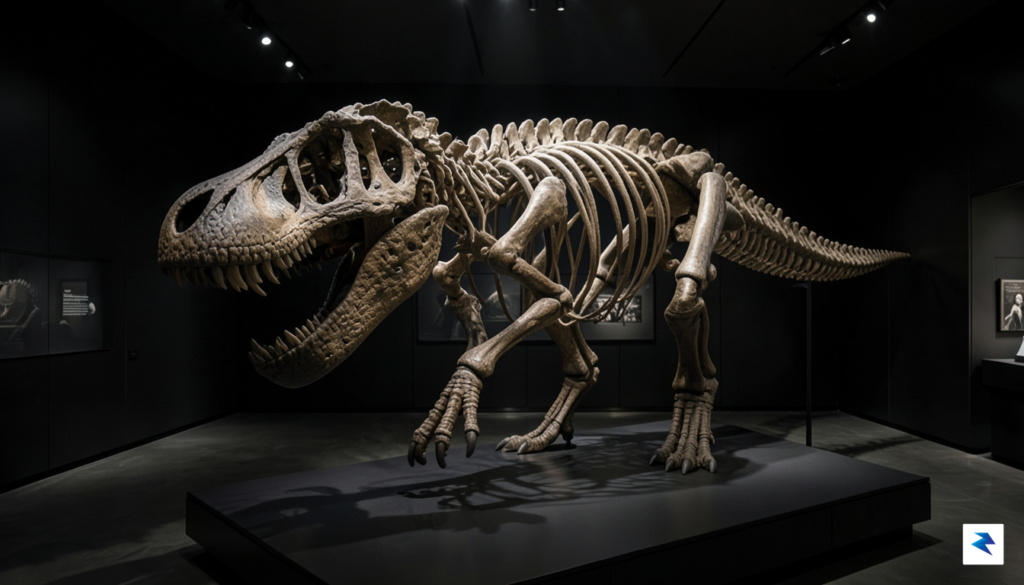 A close-up, dramatic shot of a T. rex fossil skeleton…