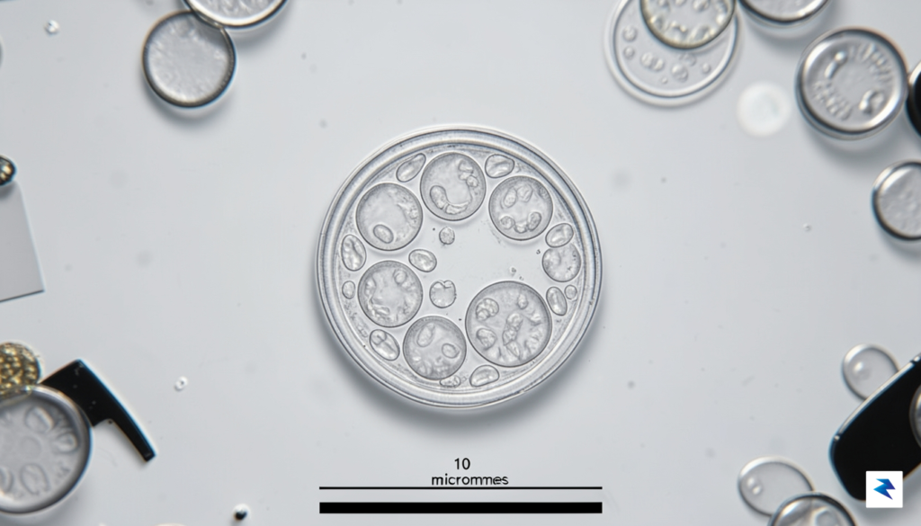 A high-resolution, scientific-style microscopic view of Cyclospora cayetanensis oocysts shown…