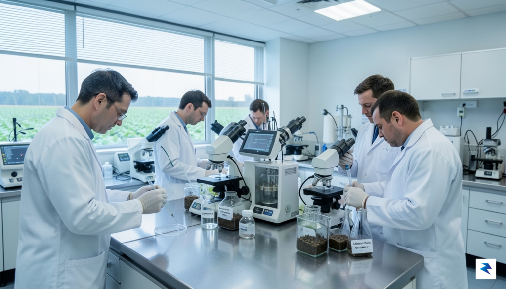 A high-resolution, professional photograph of a sterile agricultural laboratory environment…