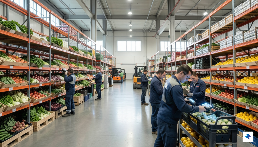 A wide-angle, high-resolution shot of a commercial food distribution warehouse…