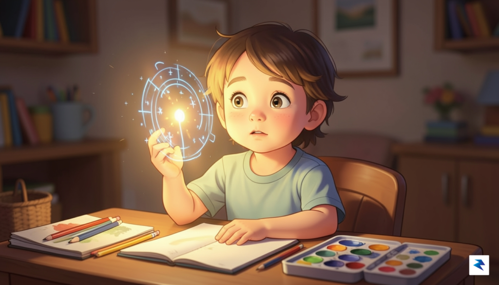 A vibrant, warm-toned illustration of a child sitting at a&hellip;