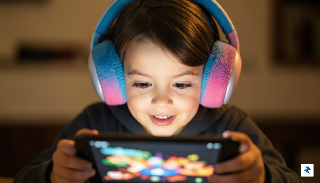 A close-up, high-quality photograph of a young child wearing over-ear&hellip;