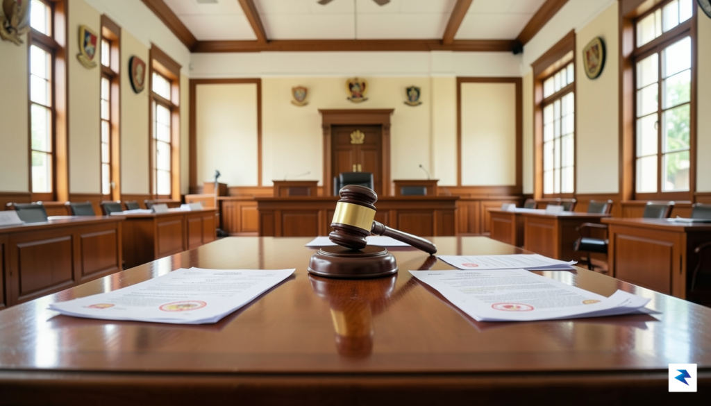A professional courtroom setting in Jakarta with a blurred view&hellip;
