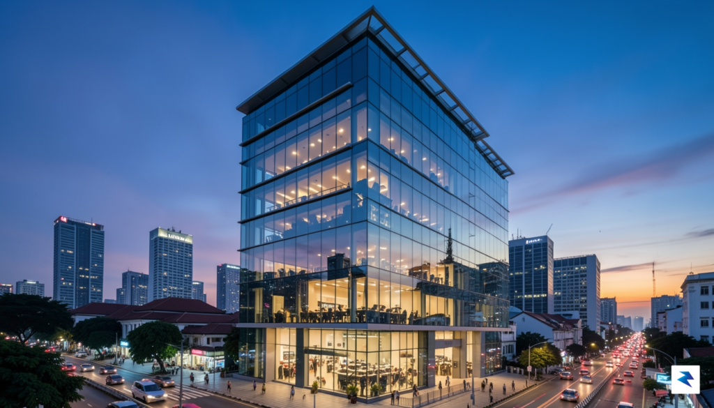 A modern, sleek glass office building in Jakarta&rsquo;s business district,&hellip;
