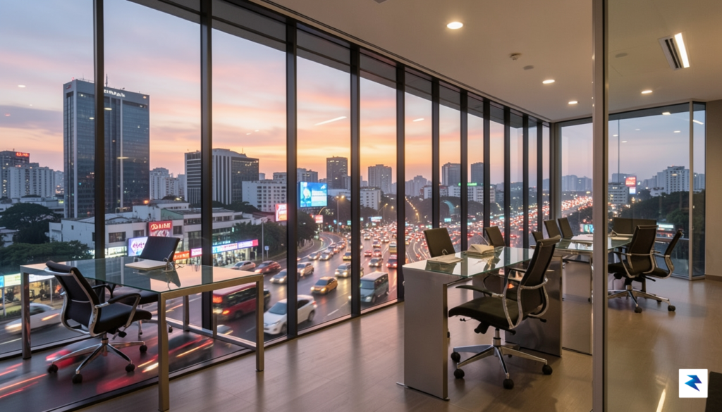A modern, glass-walled skyscraper office overlooking the bustling, dense traffic&hellip;