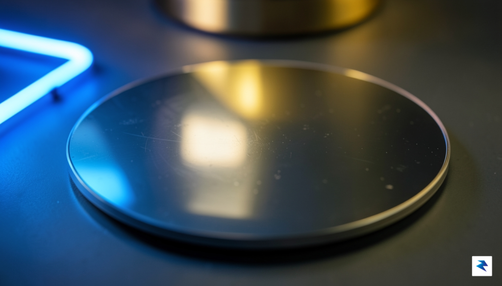 A close-up, high-contrast photograph of a silicon wafer reflecting neon&hellip;