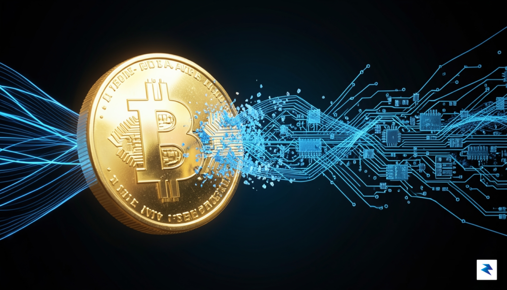 A digital visualization of a glowing gold Bitcoin coin transitioning&hellip;