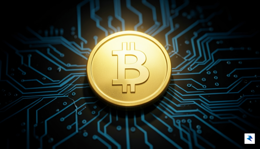 A digital, high-contrast visualization showing a golden, glowing Bitcoin coin&hellip;