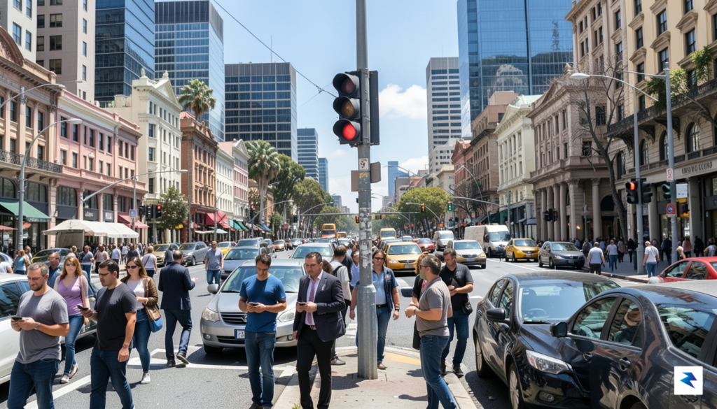 A wide-angle street shot of a busy Australian city intersection&hellip;