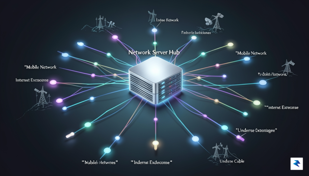 A detailed digital infographic showing a central network server hub&hellip;
