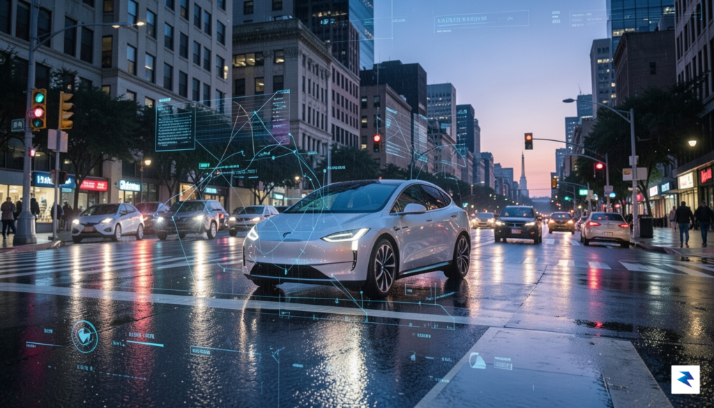 A wide-angle, cinematic shot of a sleek Tesla Robotaxi navigating…