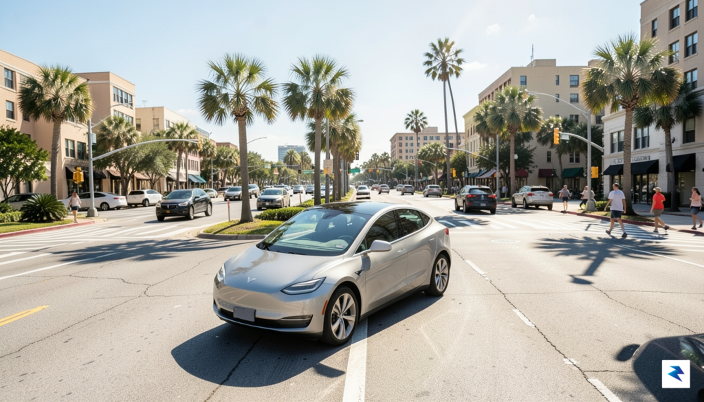A high-angle, wide-shot photograph of a sleek Tesla robotaxi navigating…