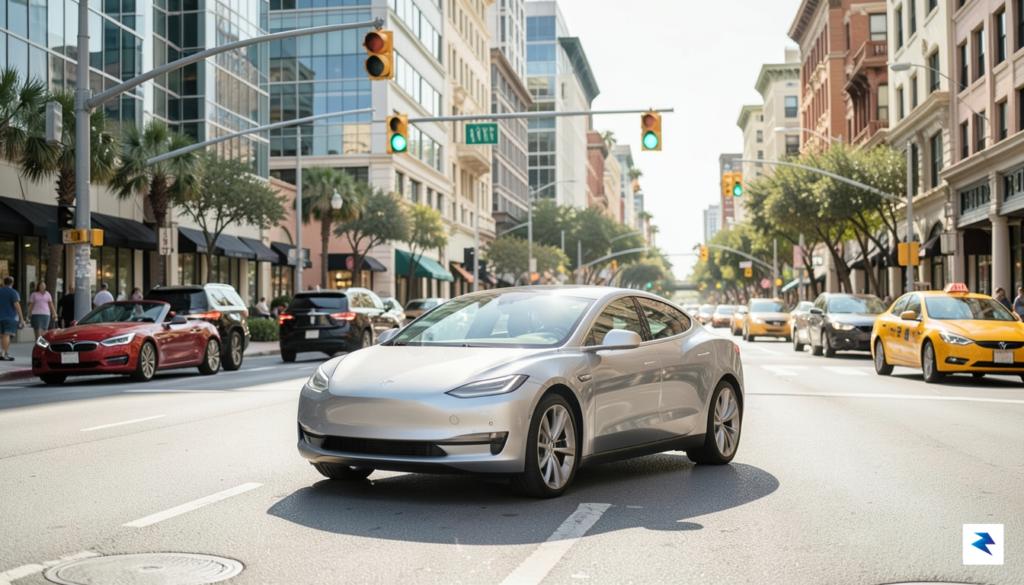 A wide-angle shot of a Tesla vehicle navigating a busy,…