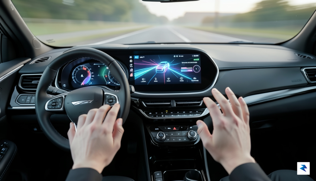 A detailed digital illustration showing a modern electric vehicle dashboard…