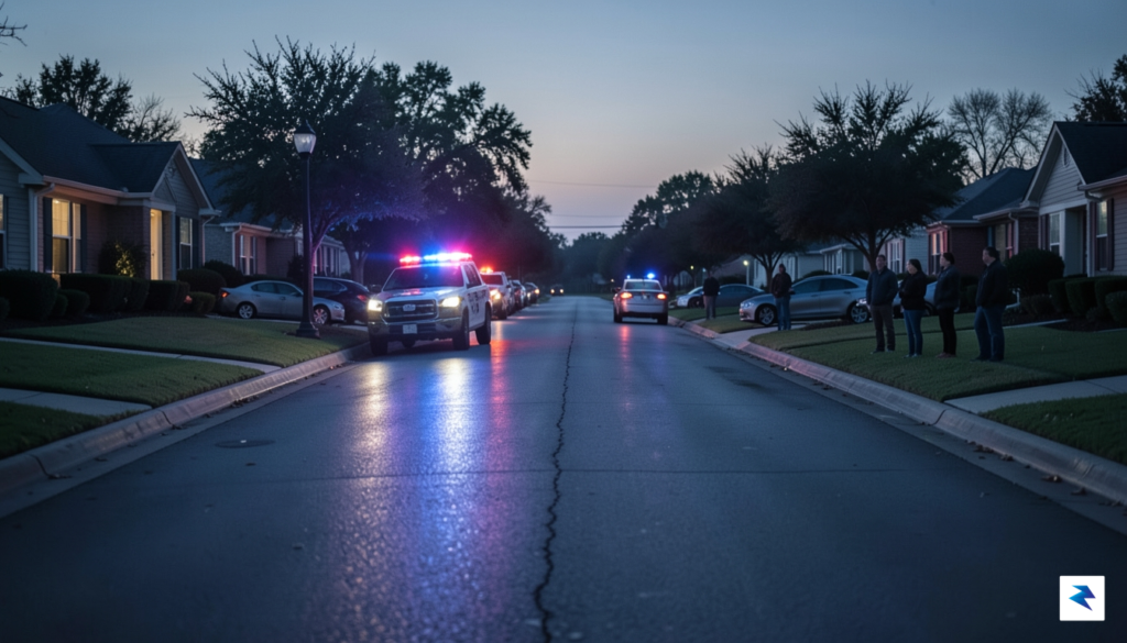A somber, professional photograph of a residential street in Katy,…