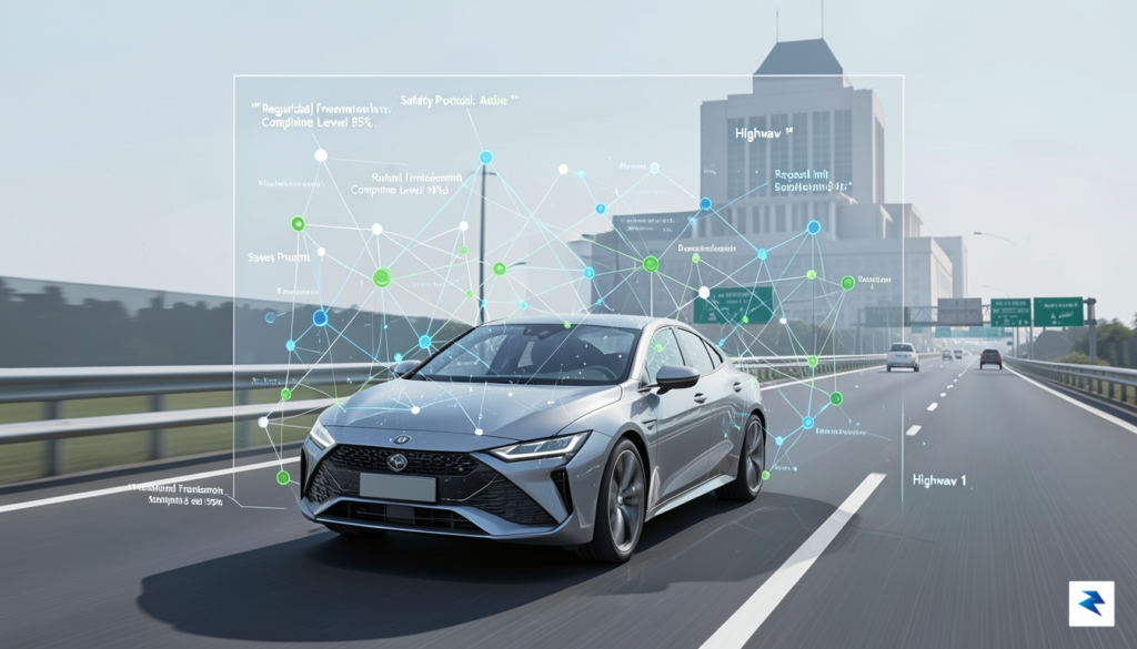 A detailed illustration showing a futuristic car with advanced sensors…